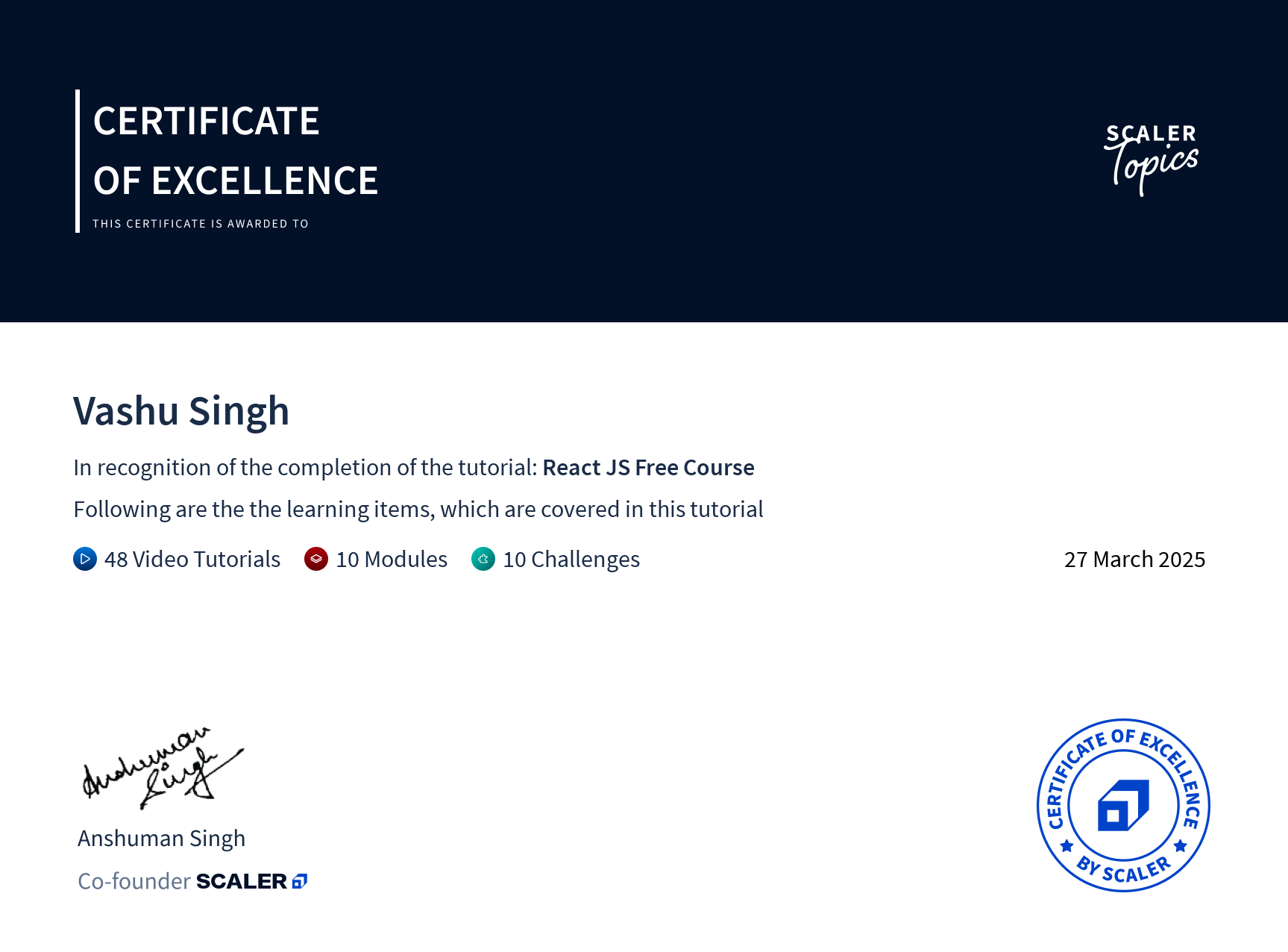 React.js Certified Developer certification
